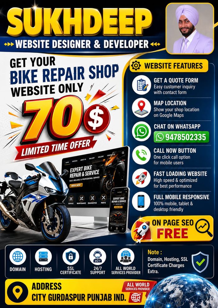 Bike repair shop business website design portfolio by Sukhdeep Website Designer & SEO Expert - website designer for bike repair shops in UK