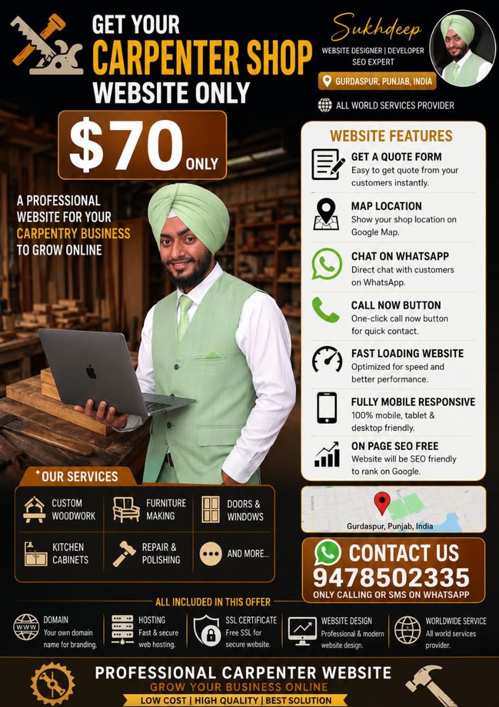 Carpenter shop business website design portfolio by Sukhdeep Website Designer & SEO Expert - website designer for carpenters in UK
