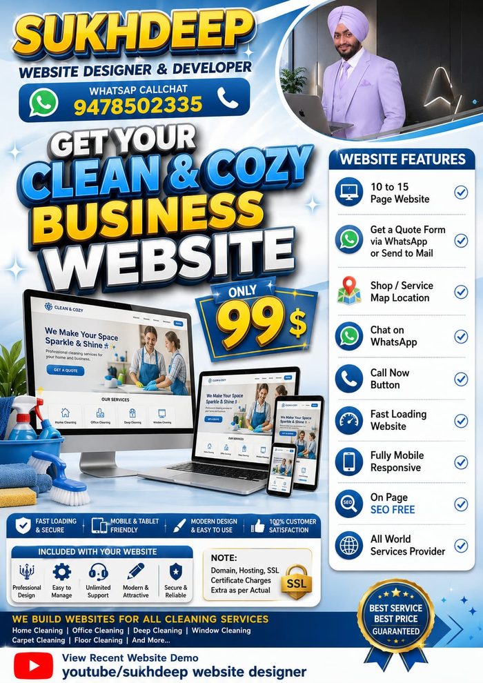 Clean and Cozy cleaning business website design portfolio by Sukhdeep Website Designer & SEO Expert - website designer in Canada
