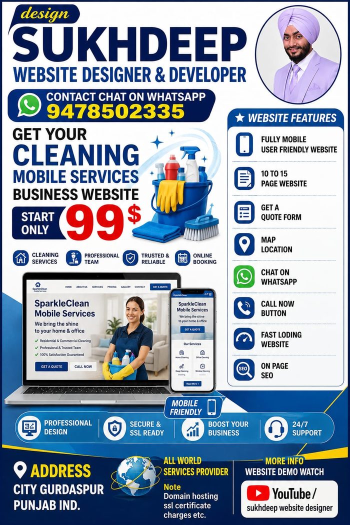 Cleaning mobile services business website design portfolio by Sukhdeep Website Designer & SEO Expert - website designer for mobile cleaning services in India