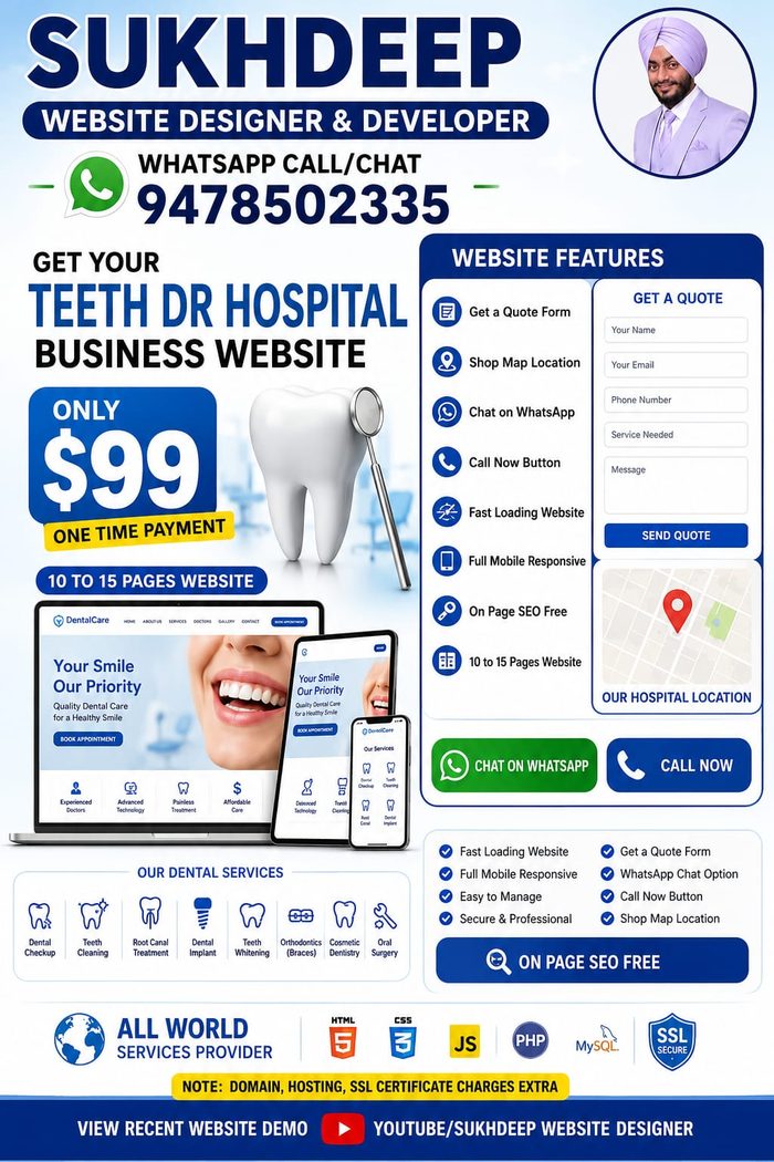 Dental hospital business website design portfolio by Sukhdeep Website Designer & SEO Expert - website designer for dental clinics in India