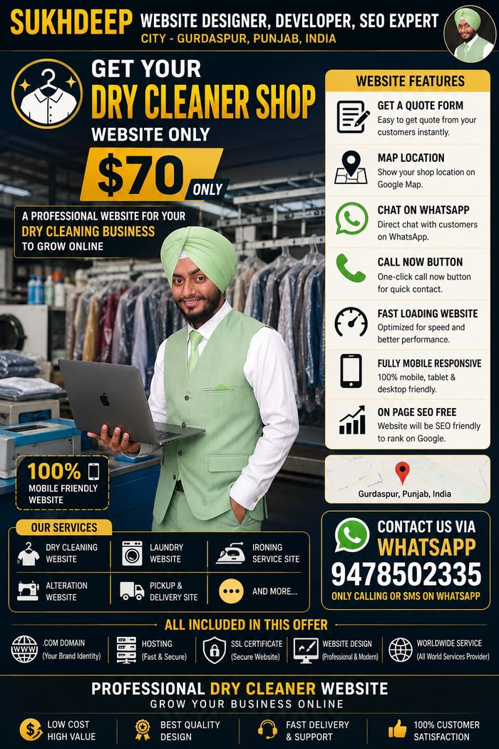 Dry cleaner shop business website design portfolio by Sukhdeep Website Designer & SEO Expert - website designer for dry cleaners in India