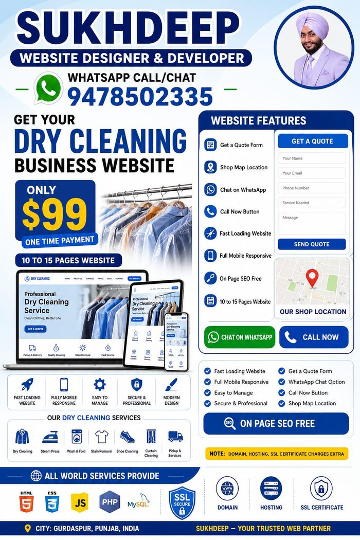 Dry cleaning business website design portfolio by Sukhdeep Website Designer & SEO Expert - website designer for dry cleaning shops in UK