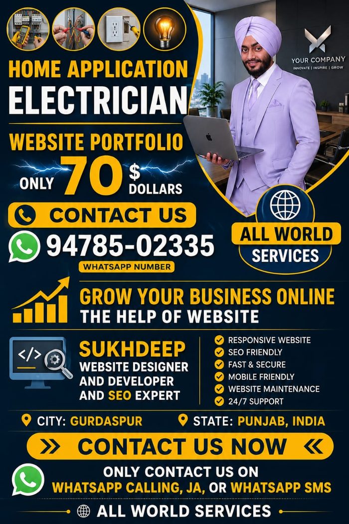 Electrician business website design portfolio by Sukhdeep Website Designer & SEO Expert - website designer for electricians in India