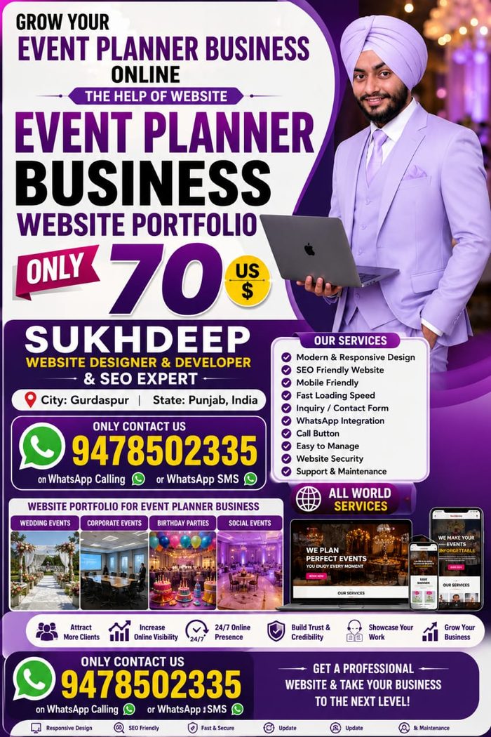 Event planner business website design portfolio by Sukhdeep Website Designer & SEO Expert - website designer for event planners in India