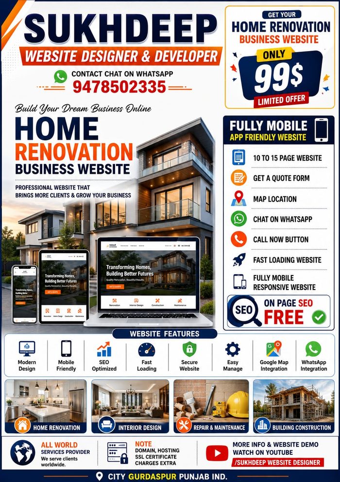 Home renovation business website design portfolio by Sukhdeep Website Designer & SEO Expert - website designer for renovation companies in Greece