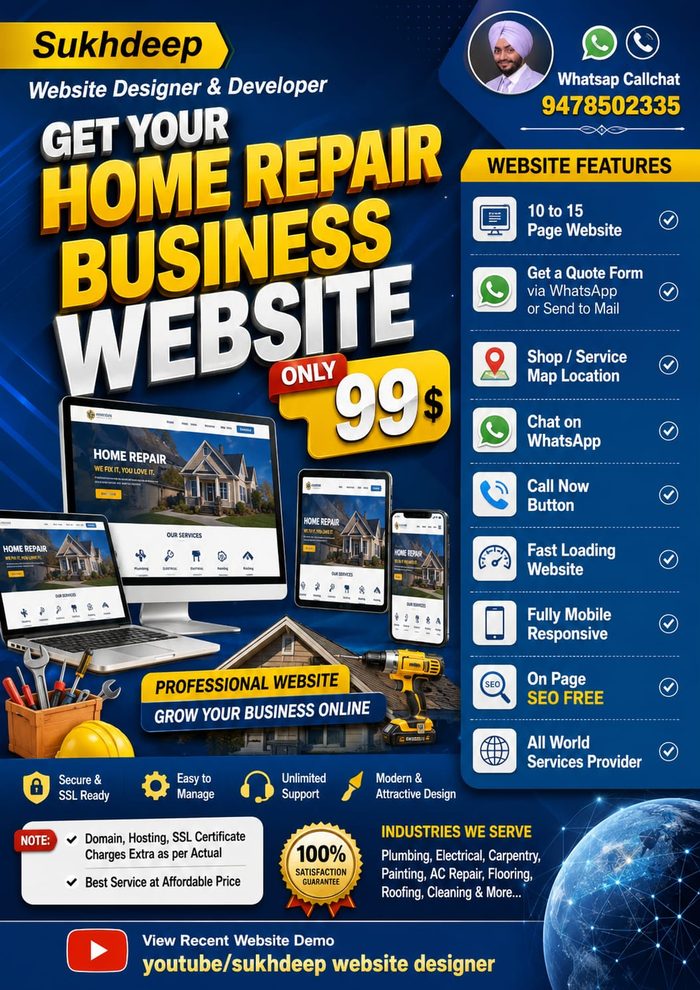 Home repair business website design portfolio by Sukhdeep Website Designer & SEO Expert - website designer for home repair services in India