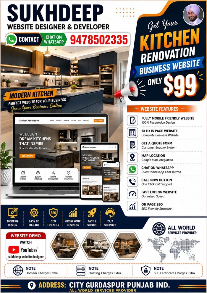 Kitchen renovation business website design portfolio by Sukhdeep Website Designer & SEO Expert - website designer for kitchen renovation companies in India
