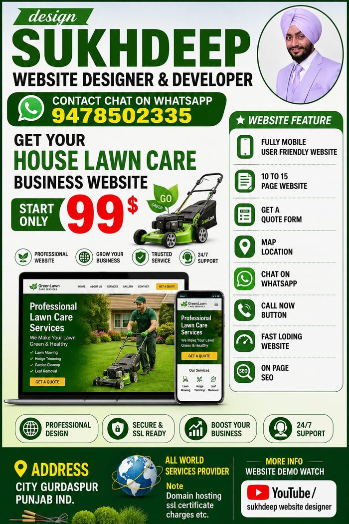 House lawn care business website design portfolio by Sukhdeep Website Designer & SEO Expert - website designer for lawn care companies in Greece