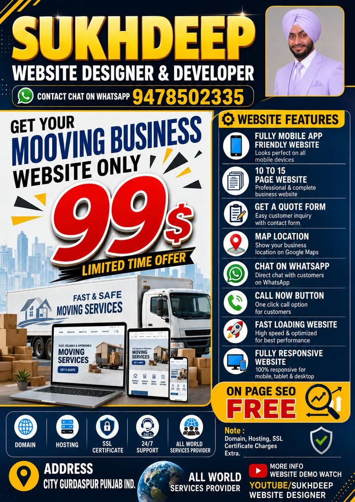 Moving and packers business website design portfolio by Sukhdeep Website Designer & SEO Expert - website designer for moving companies in India