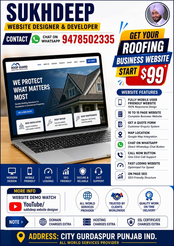 Roofing business website design portfolio by Sukhdeep Website Designer & SEO Expert - website designer for roofing companies in Canada