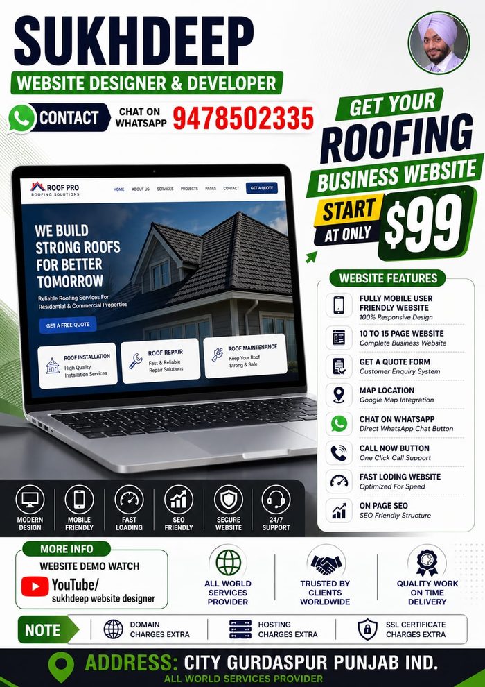 Roofing business website design portfolio by Sukhdeep Website Designer & SEO Expert - website designer for roofing companies in Italy