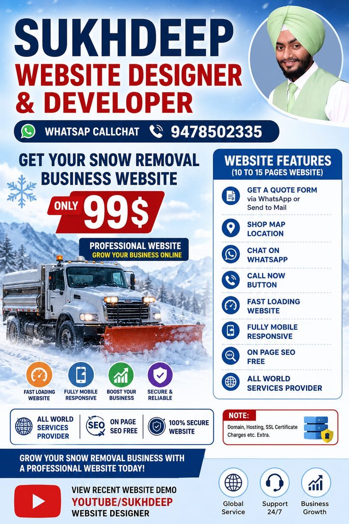 Snow removal business website design portfolio by Sukhdeep Website Designer & SEO Expert - website designer for snow removal companies in UK